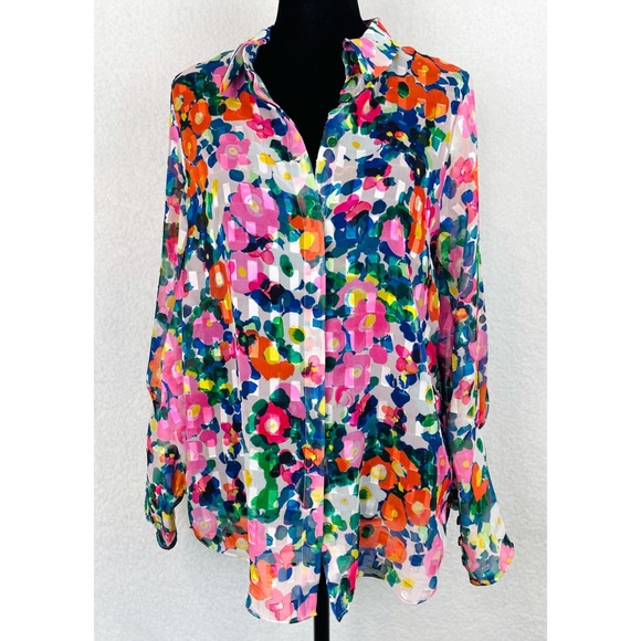 SALONI Tops - SALONI • Floral Semi-Sheer Long Sleeve Button-Down Shirt